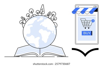 Globe sprouts trees on a book signifying knowledge growth and eco-consciousness. Smartphone displays an online store cart exemplifying e-commerce. Ideal for environmental education, e-commerce