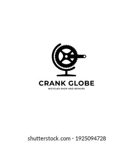 Globe stand with bicycle crank creative ideas bicycle shop and workshop logo design concept. Vector template