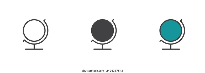 Conjunto de iconos de estilo diferente para el soporte de globo. Línea, glifo y contorno relleno versión colorida, contorno y signo vectorial relleno. Símbolo geográfico del globo, ilustración del logotipo. Gráficos vectoriales
