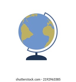 Globe with stand icon on isolated white background. Cartoon vector terrestrial globus for classroom and school.