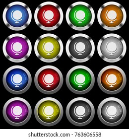 Globe with stand white icons in round glossy buttons with steel frames on black background. The buttons are in two different styles and eight colors.