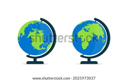 Globe with stand. World on globus for classroom and school. Icon of map on desk. Model of earth with axis. Flat globe isolated on white background. Icon for education, travel and geography. Vector.