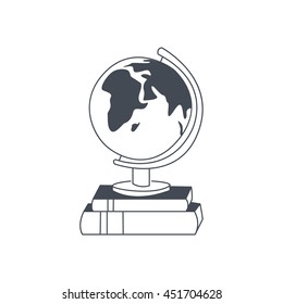 Globe Standing On The Pile Of Books Black And White Hand Drawn Illustration In Simplified Graphic Style On White Background