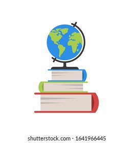 Globe stands on the books. Colorful sign of Earth model, geography sign and books as a learning symbol, geographical discoveries. Vector illustration isolated on white background