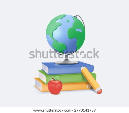 The globe stands over books towards pencil, 3D vector illustration. Concept for student global education, academic achievement, study abroad programs, university graduation and successful career goals