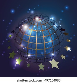 Globe with stars in blue background, abstract vector