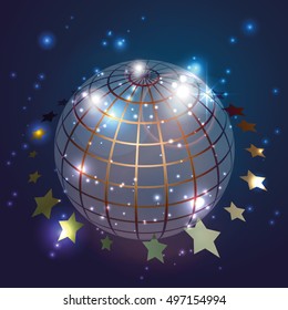 Globe with stars in blue background, vector 
