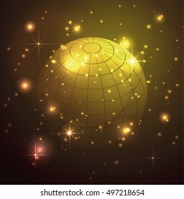 Globe with stars in gold background, abstract vector