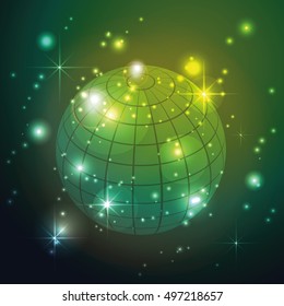 Globe with stars in green background, abstract vector