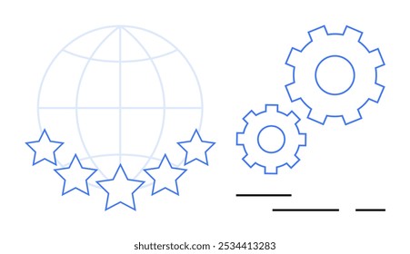 Globo com estrelas ao lado de engrenagens interconectadas simboliza inovação e excelência tecnológica global. Ideal para marcas de tecnologia, negócios internacionais, alcance global, projetos de inovação