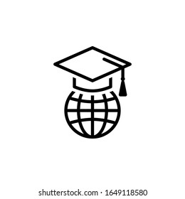 Globe with a student's cap vector icon for internet and online education, e-learning resources, distant online courses, universities and schools. Black globe isolated on white background.