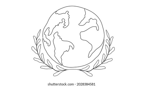 un globo al estilo de una línea con las ramas de una hierba de laurel. El mundo, el mapa del mundo en círculo. Colección de globos terrestres. Un mapa del mundo en un estilo moderno de una línea. Ilustración de vectores