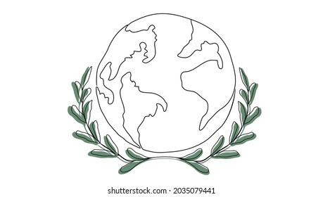 a globe in the style of a  line with the branches of a bay leaf herb. The globe, the world map in a circle. Collection of Earth globes. A world map in a modern one line style. Vector art illustration