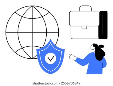 Globe suggesting global network. Shield with checkmark indicating security. Briefcase signifying business. Person pointing guidance. Ideal for global business, security, professional guidance