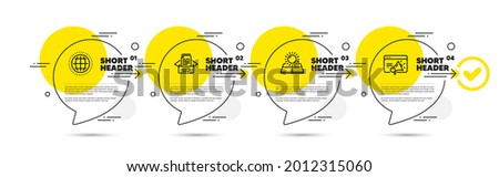 Globe, Sun energy and Documents box line icons set. Timeline infograph speech bubbles. Seo marketing sign. Internet world, Solar panels, Bureaucracy. Megaphone. Science set. Vector