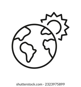 Globe and Sun Line Icon, Global Warming Concept. Planet Earth, Heatwave, Hot World Temperature Linear Pictogram. Environmental Eco Solar Energy Symbol. Editable Stroke. Isolated Vector Illustration.