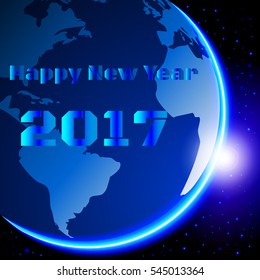 Globe sunrise with stars on happy new year 2017, Technology for the future greeting card concept, vector illustration design