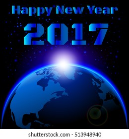 Globe sunrise with stars on new year 2017, Technology for the future greeting card concept, Vector illustration design