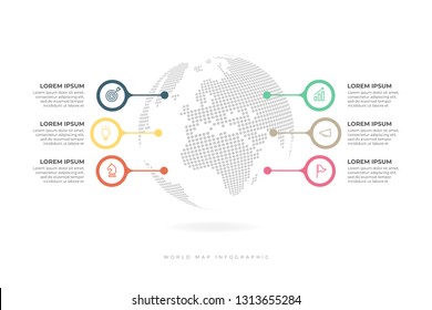 Globe surrounded by 6 colorful elements with place for text. Minimal infographic design layout.