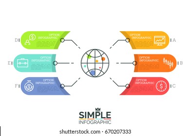 Globe surrounded by 6 colorful elements with place for text and thin line pictograms. Global financial data and economic development concept. Minimal infographic design layout. Vector illustration.