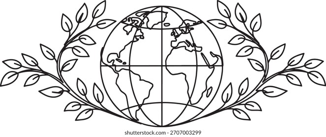 Globe surrounded by branches leaves for peace environment or nature theme.eps