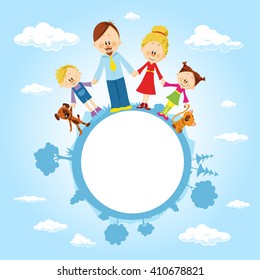globe surrounded by clouds, sky and family - vector illustration