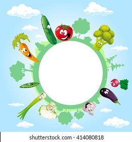 globe surrounded by clouds, sky and vegetable - vector illustration