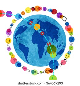 Globe surrounded by  grunge outlines and colorful  circles  - layered for editing 