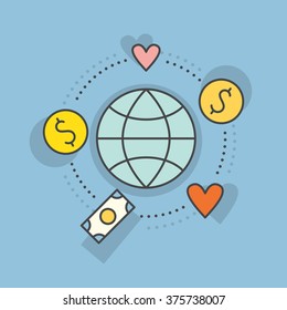 Globe surrounded by hearts and money - concept for donations, charity, fundraising. Vector line style label for non-profit organization or fundraising event.