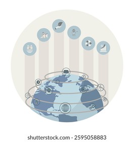 Globe surrounded by  representing sustainability and global interconnected concepts, such as renewable energy, recycling, and eco-friendly practices. Flat vector modern illustration 