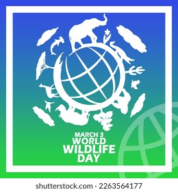 Un globo rodeado de animales salvajes con árboles y nubes en un marco sobre fondo degradado para conmemorar el Día Mundial de la Vida Silvestre el 3 de marzo