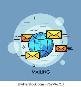Globe surrounded by yellow envelops. Concept of international mailing, global postal system, letters exchange, mail delivery, communication. Creative vector illustration for banner, poster, website.