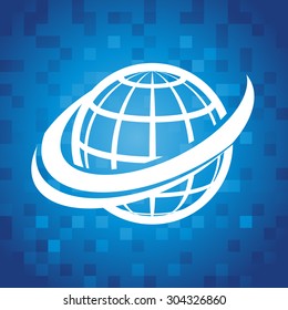 Globe swoosh icon on blue pixel background