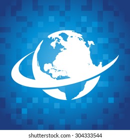 Globe swoosh icon on blue pixel background