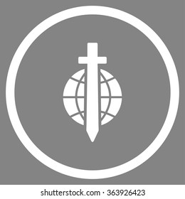 Globe Sword vector icon. Style is flat circled symbol, white color, rounded angles, gray background.