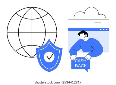 A globe symbol alongside a shield with a checkmark. A person holding a Cash Back sign appears on a website window under a cloud. Ideal for finance, e-commerce, online security, cloud technology