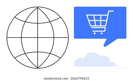 Símbolo globo conectado com uma bolha de chat azul contendo um carrinho de compras, representando compras online globais e e-commerce. Ideal para negócios, tecnologia, mercado global, e-commerce, internet
