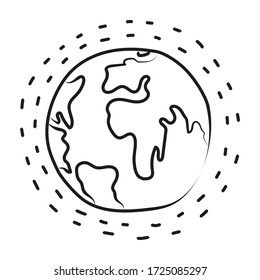 Globe Symbol im Doodle-Stil, umgeben von einer gepunkteten Linie. Vector Illustration im Doodle-Stil isoliert auf weißem Hintergrund.