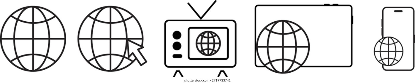 Globussymbole eingestellt. Weltwebsymbol. Website-Symbol. Weltweite Sammlung von Web-Symbolen. Vektorsymbol einzeln auf transparentem Hintergrund