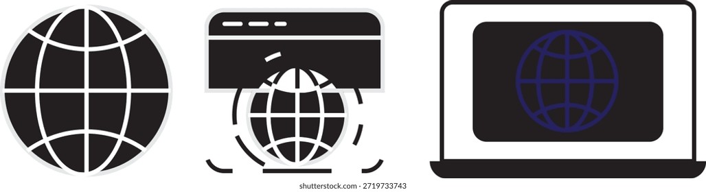 Globussymbole eingestellt. Weltwebsymbol. Website-Symbol. Weltweite Sammlung von Web-Symbolen. Vektorsymbol einzeln auf transparentem Hintergrund