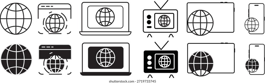 Globussymbole eingestellt. Weltwebsymbol. Website-Symbol. Weltweite Sammlung von Web-Symbolen. Vektorsymbol einzeln auf transparentem Hintergrund