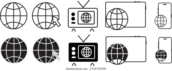 Globussymbole eingestellt. Weltwebsymbol. Website-Symbol. Weltweite Sammlung von Web-Symbolen. Vektorsymbol einzeln auf transparentem Hintergrund