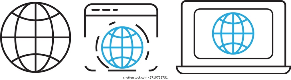 Globussymbole eingestellt. Weltwebsymbol. Website-Symbol. Weltweite Sammlung von Web-Symbolen. Vektorsymbol einzeln auf transparentem Hintergrund