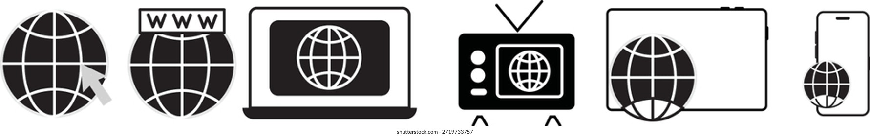Globussymbole eingestellt. Weltwebsymbol. Website-Symbol. Weltweite Sammlung von Web-Symbolen. Vektorsymbol einzeln auf transparentem Hintergrund