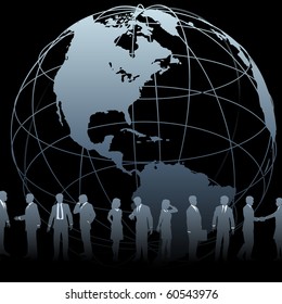 A globe symbol and international business people silhouettes on a black background.