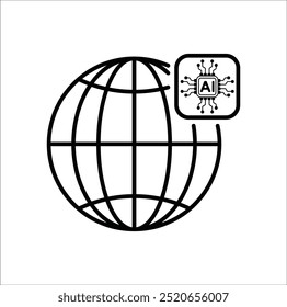 Globe symbol. International globe line art. Around the World Outline with AI or Artificial intelligence chip icon for apps and websites. Vector illustration design. Eps 10.
