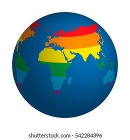 Globe symbol with lgbt rainbow colored world map. Icon of Earth isolated on white.
Colorful rainbow earth globe icon hanging in light space
World sphere map painted in seven primary colors