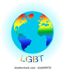 Globe symbol with lgbt rainbow colored world map. World map painted in seven primary colors