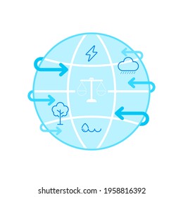 Globe symbol with natural resource icons inside, balance scale and circulating arrow as a gimmick of sustainable use of resource. Vector illustration outline flat design style.