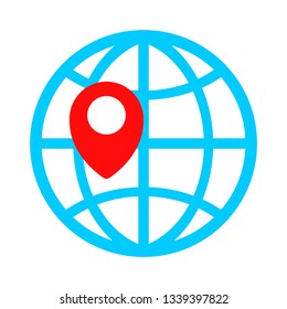 Globe symbol and navigation marker on it. Icon geolocation and destination path. Vector illustration in flat style.